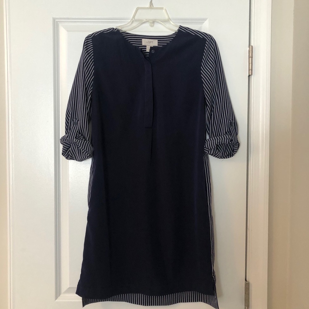 LOFT navy and white striped high low shift dress